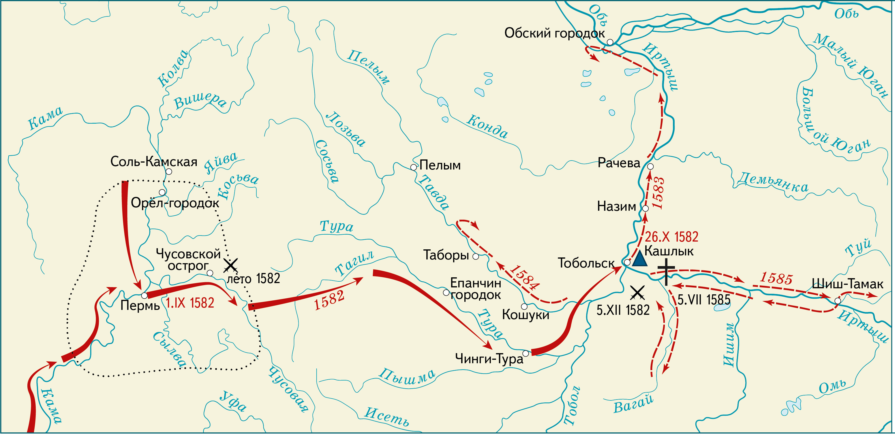Карта похода Ермака в Сибирь в 1582-1585. Карта поход Ермака в Сибирь 1581.