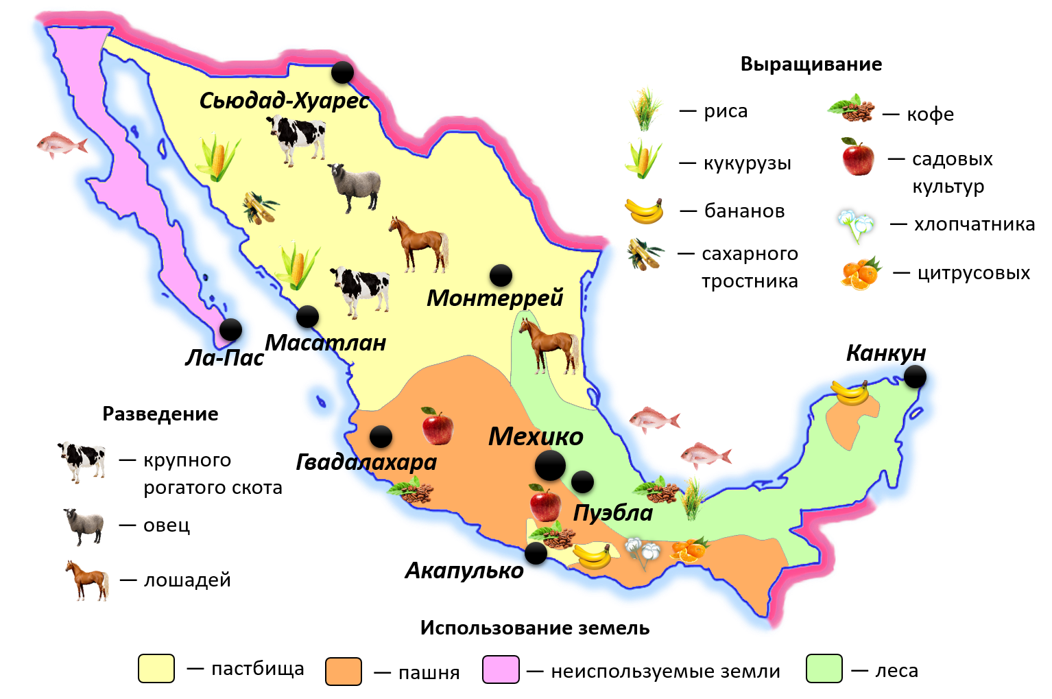 Главные сельскохозяйственные районы сша. Мексика хозяйство карта. Сельское хозяйство Мексики карта. Полезные ископаемые Мексики на карте. Промышленность Мексики карта.